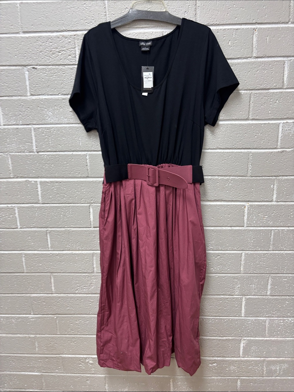 City Chic Black and Rose Midi Dress with Matching Belt